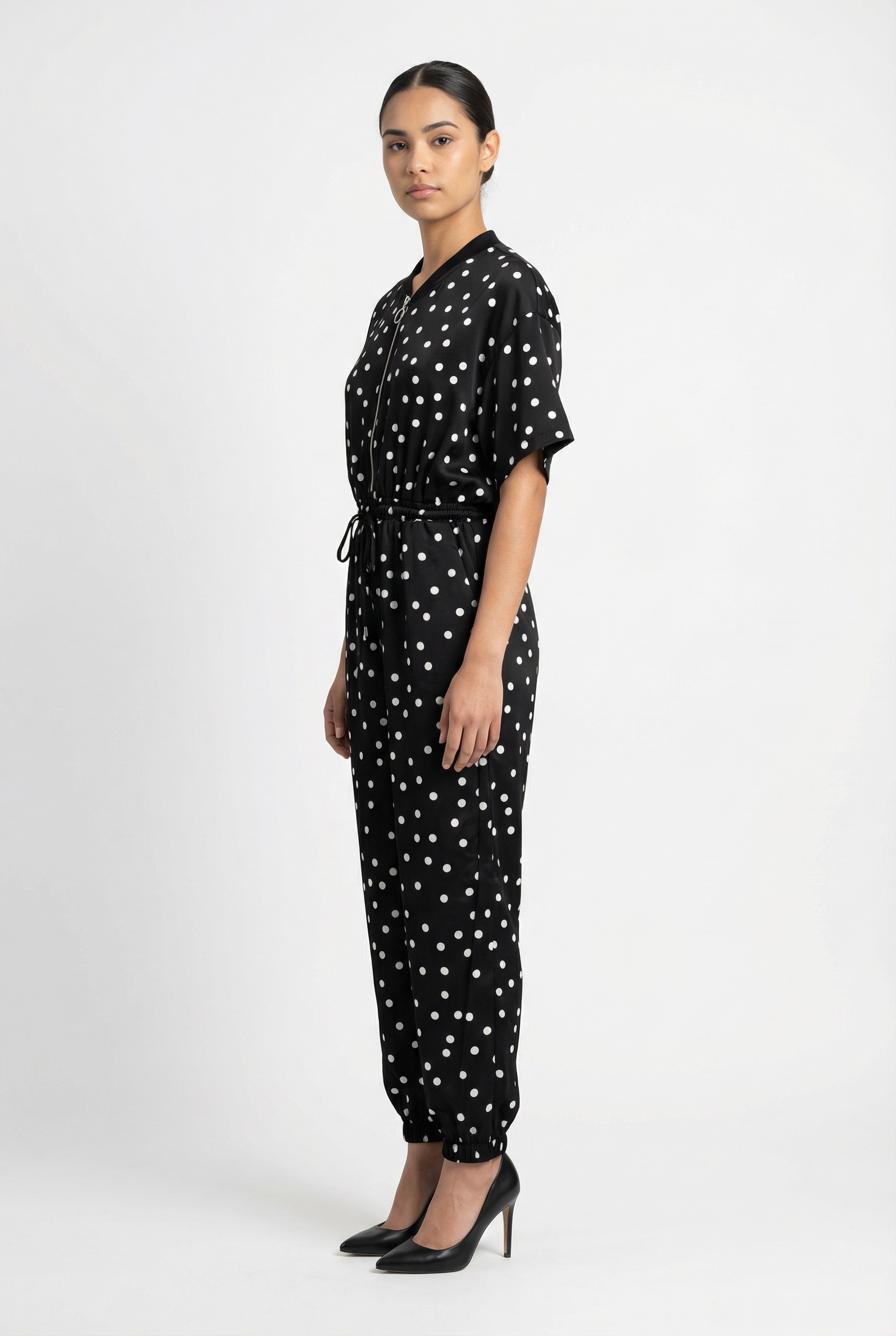 Polka Dot Zip-Front Jogger Jumpsuit