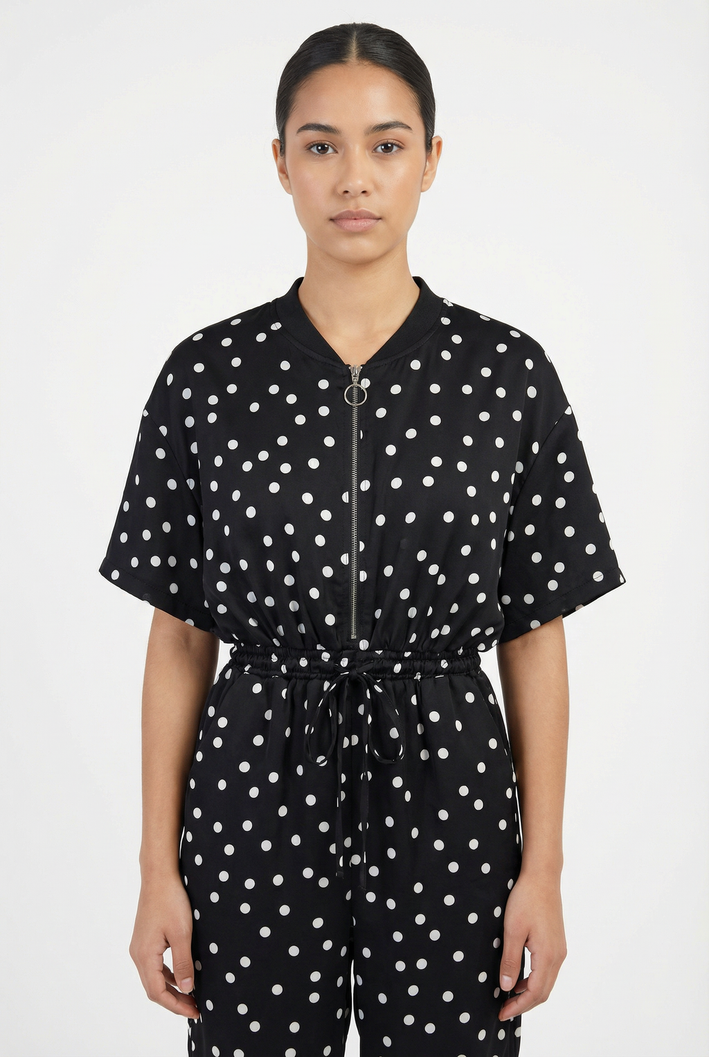 Polka Dot Zip-Front Jogger Jumpsuit