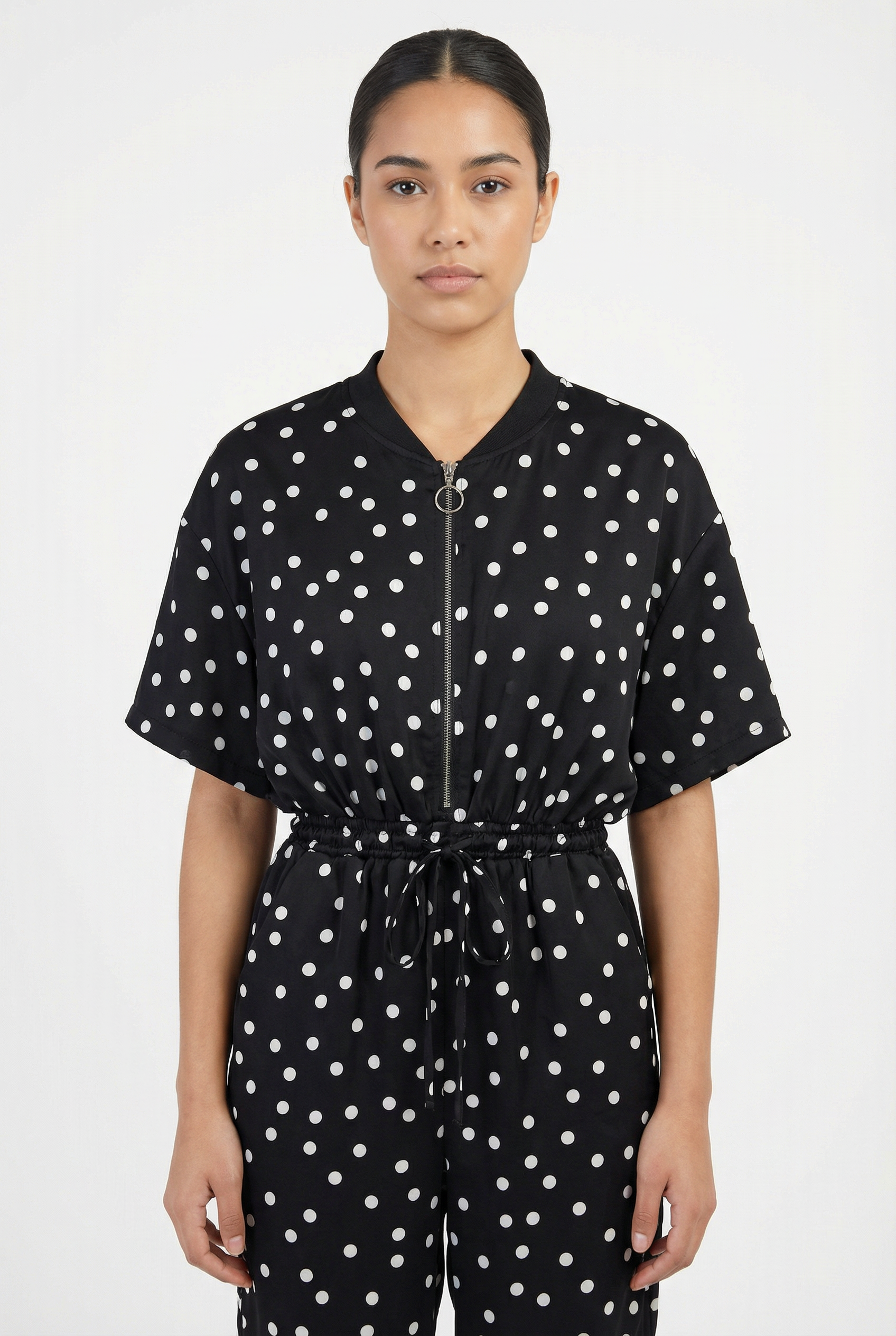 Polka Dot Zip-Front Jogger Jumpsuit