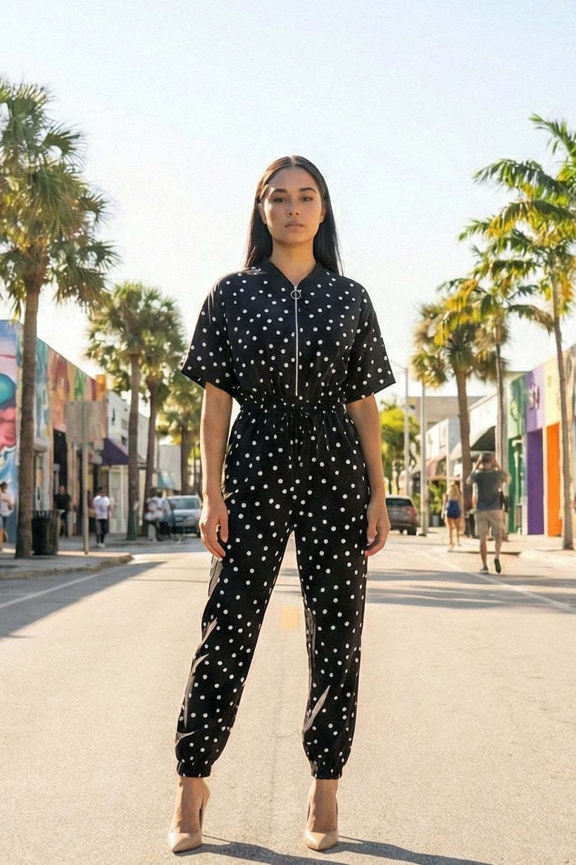 Polka Dot Zip-Front Jogger Jumpsuit