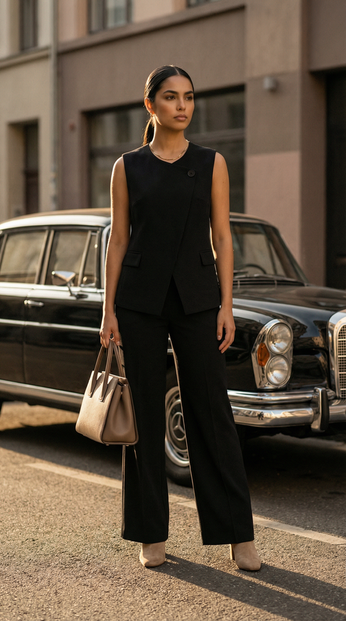 Asymmetric Wrap Vest & Wide-Leg Pant Set