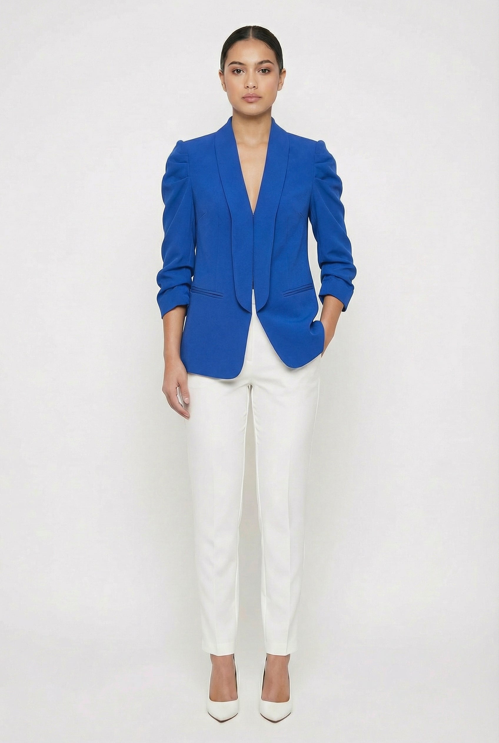 Ruched Puff Sleeve Open-Front Blazer