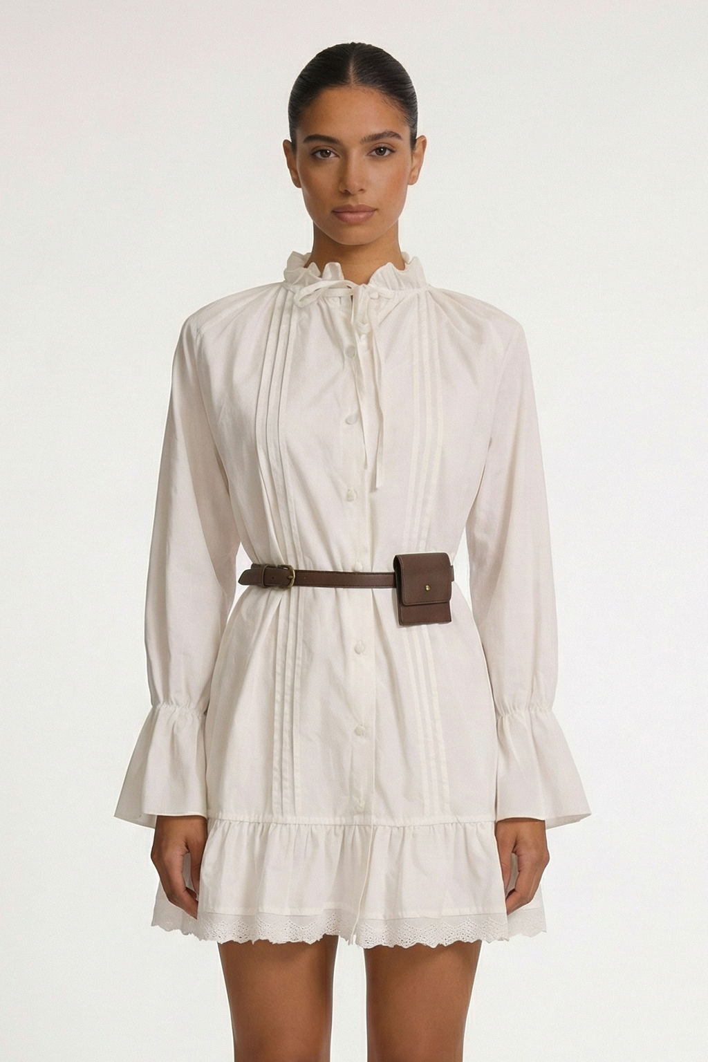 Ruffle Trim Cotton Poplin Dress with Belt Bag