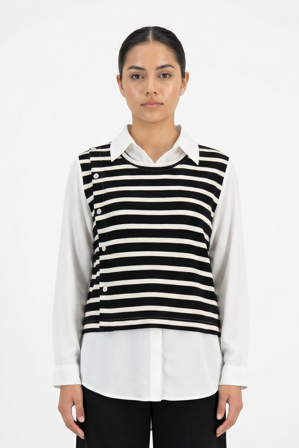Striped Side-Button Layered Illusion Top