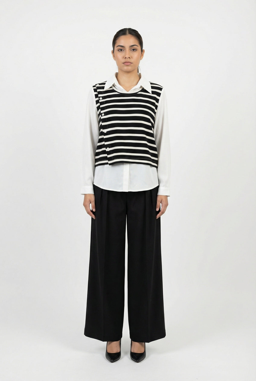 Striped Side-Button Layered Illusion Top