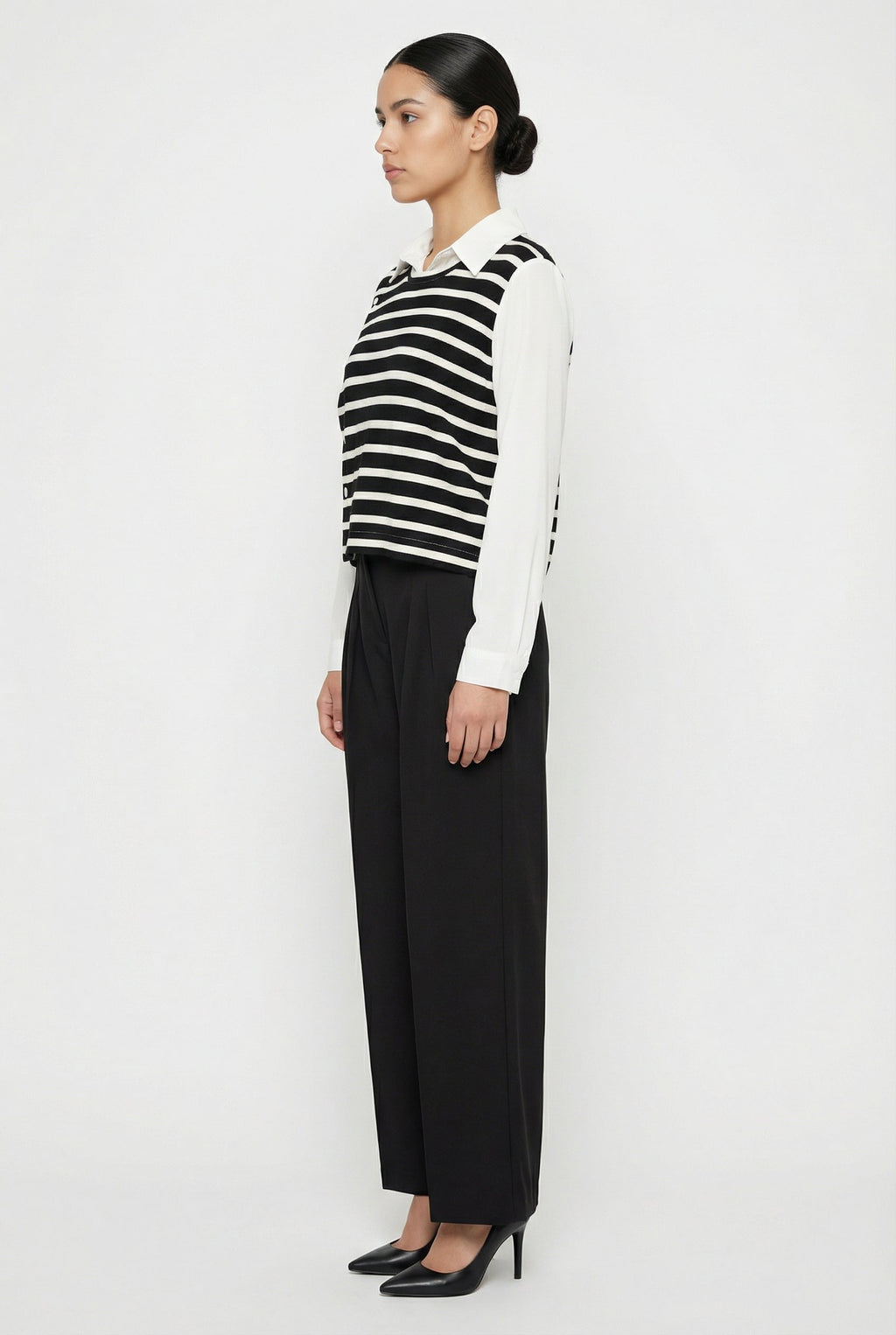 Striped Side-Button Layered Illusion Top