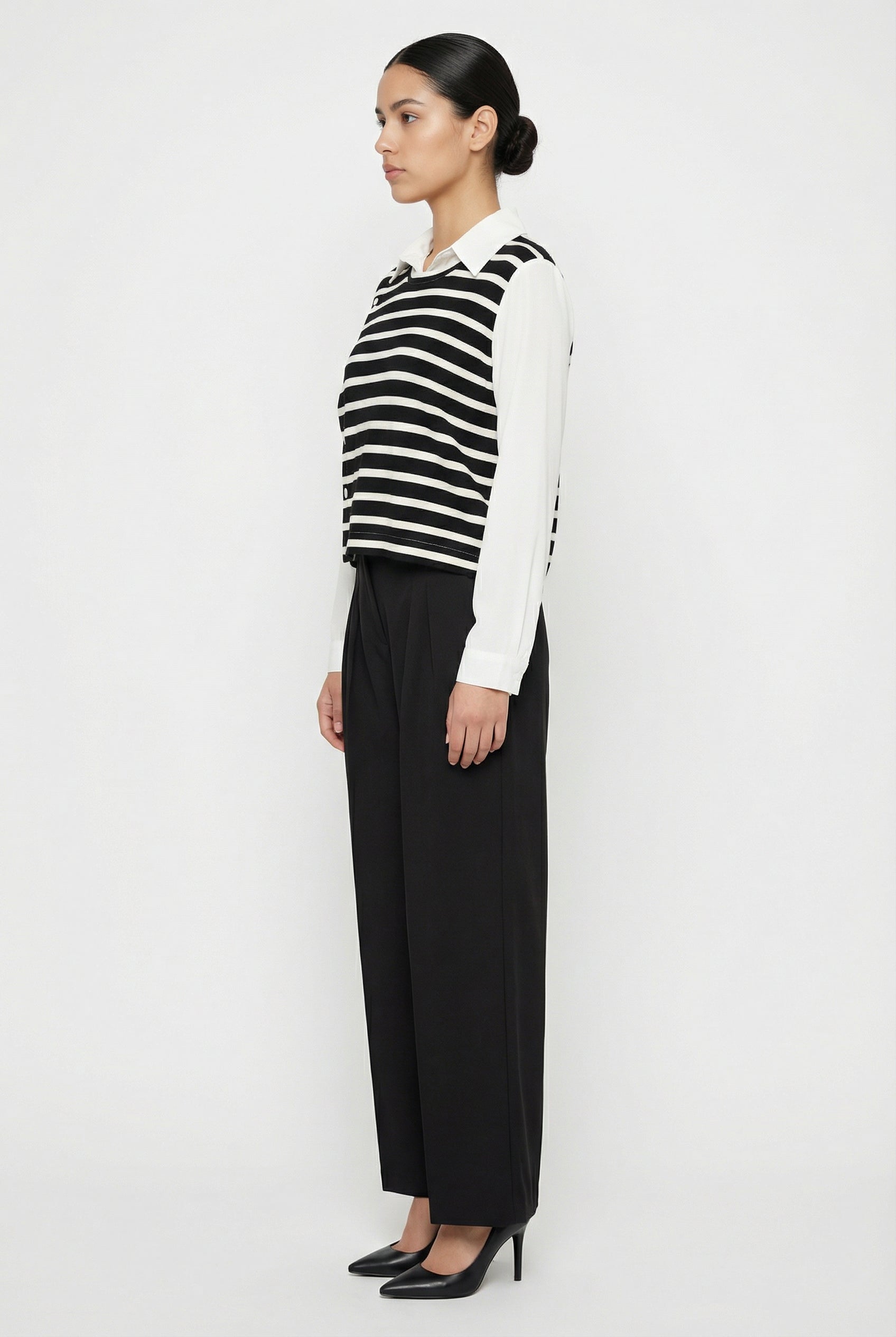 Striped Side-Button Layered Illusion Top