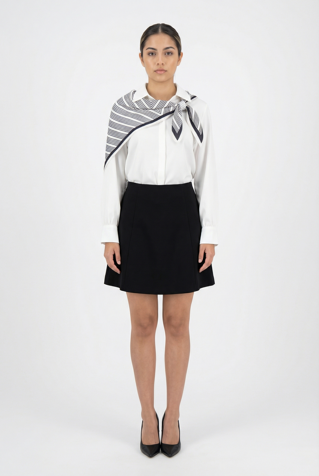 Classic White Blouse with Striped Scarf Detail