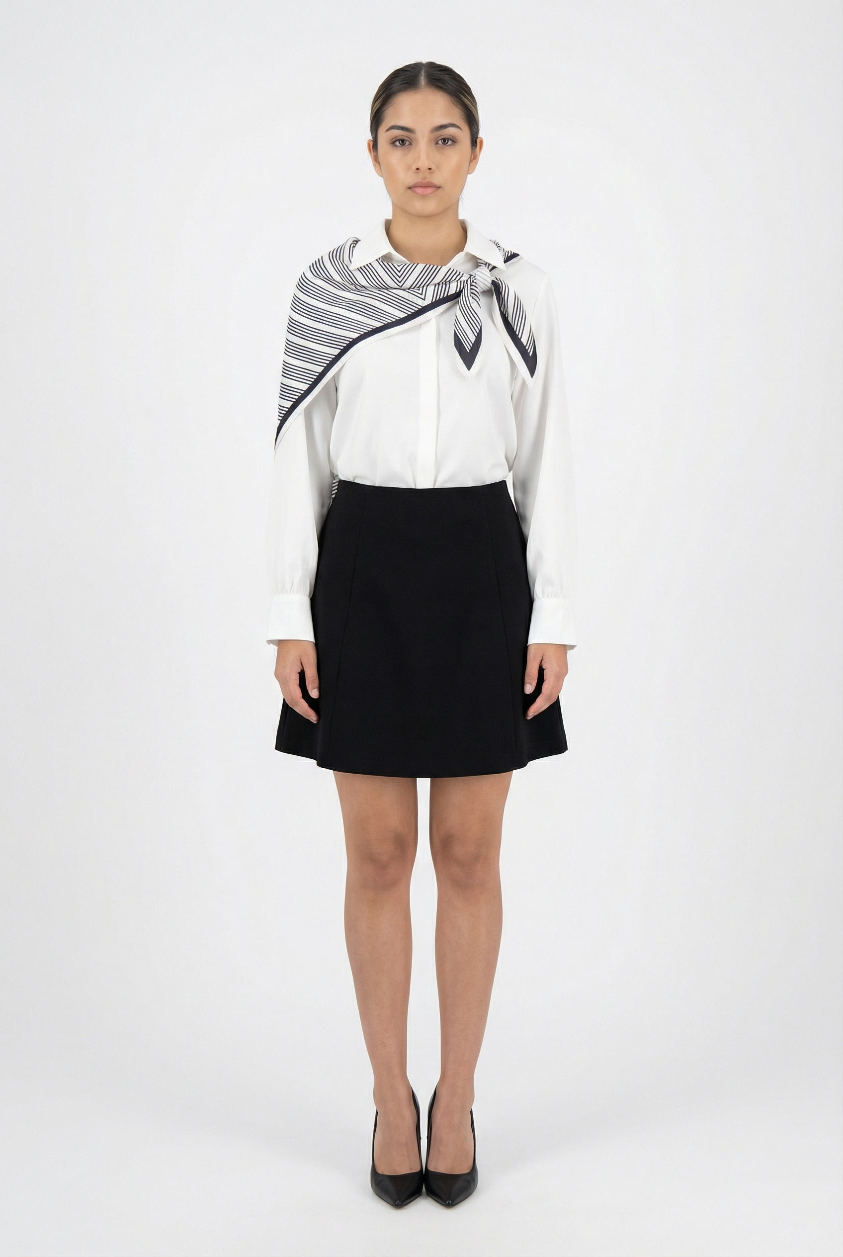 Classic White Blouse with Striped Scarf Detail