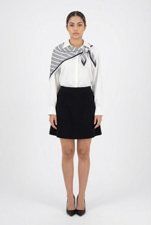 Classic White Blouse with Striped Scarf Detail