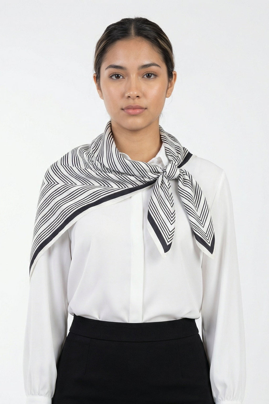 Classic White Blouse with Striped Scarf Detail