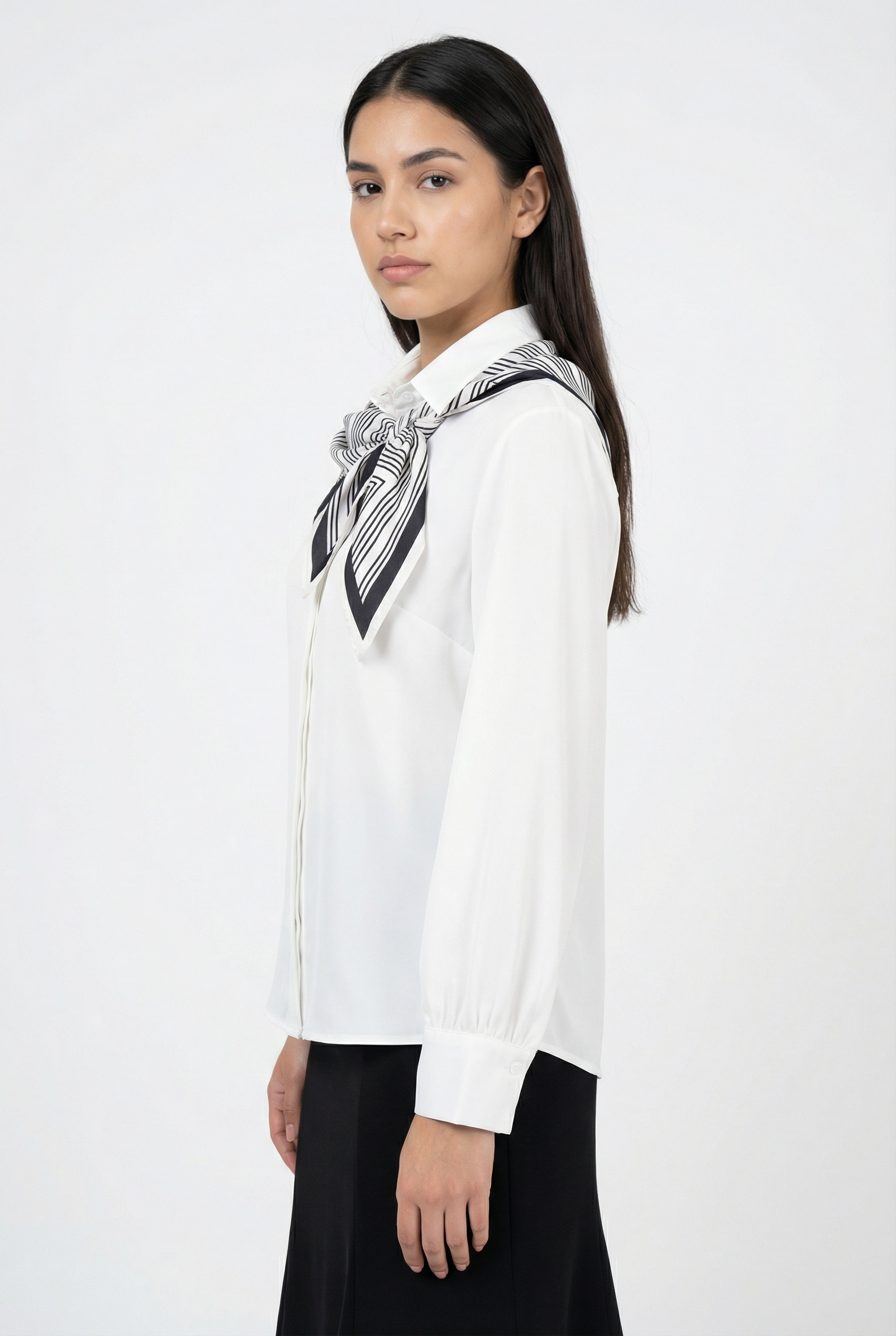 Classic White Blouse with Striped Scarf Detail