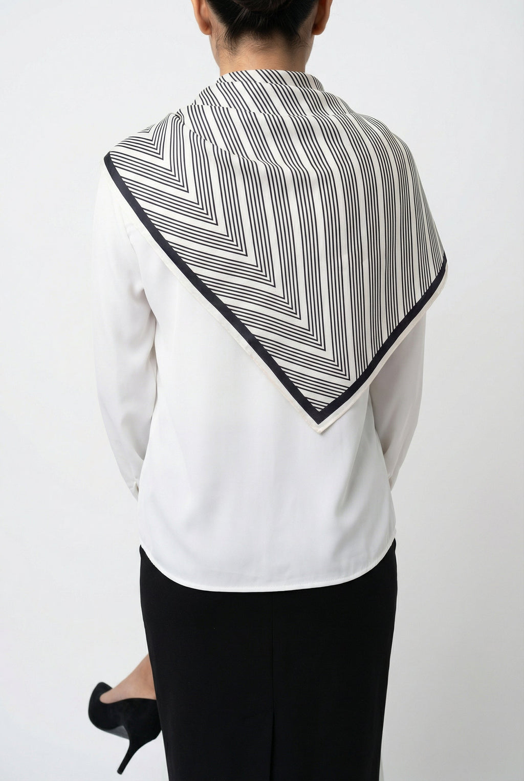 Classic White Blouse with Striped Scarf Detail