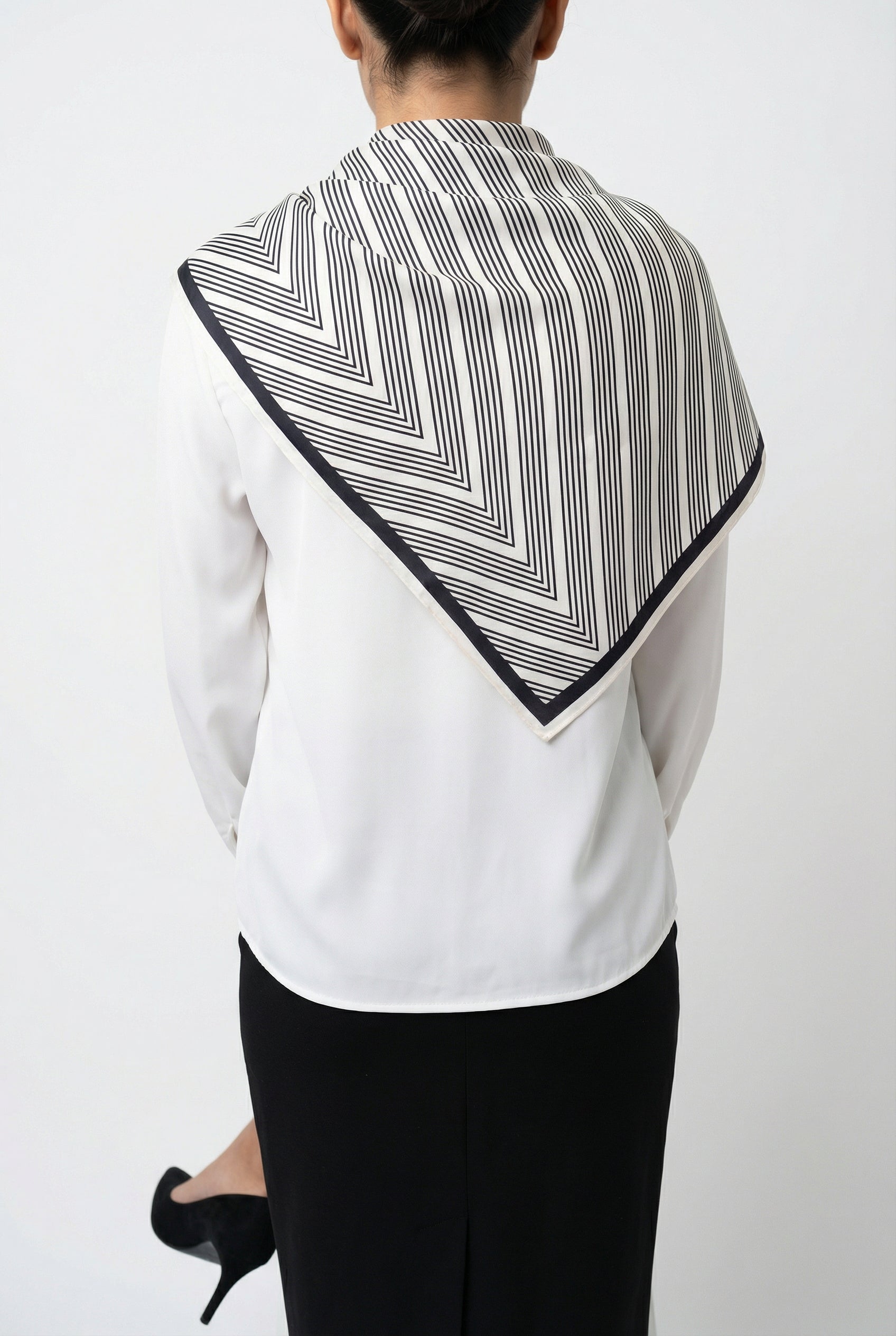 Classic White Blouse with Striped Scarf Detail