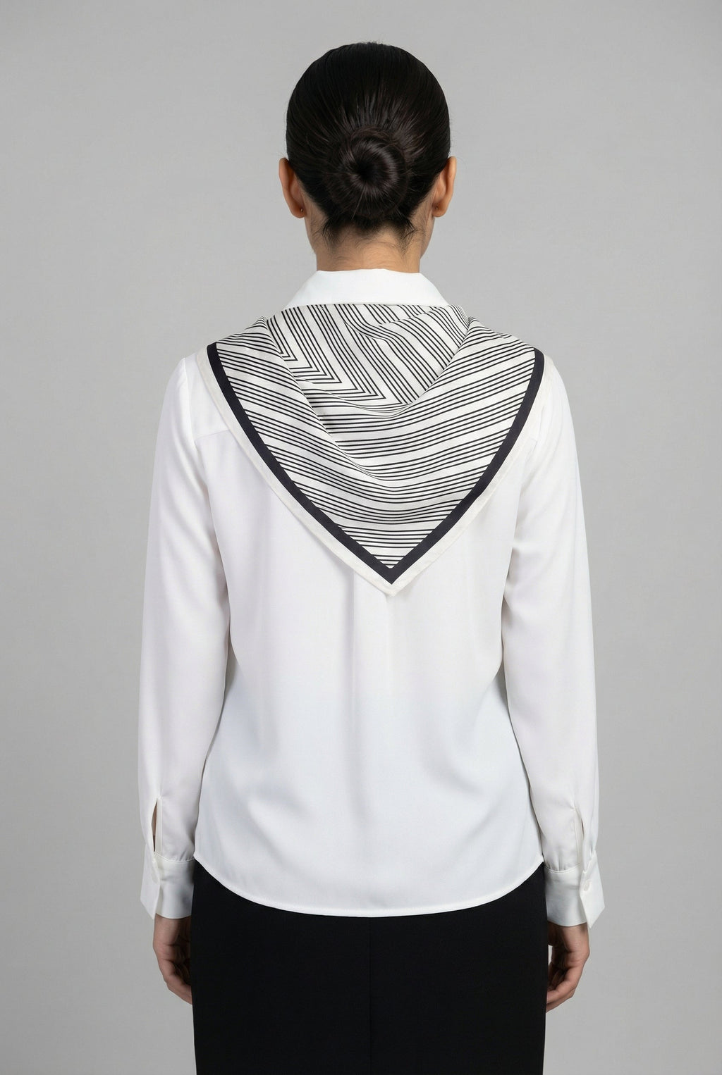 Classic White Blouse with Striped Scarf Detail