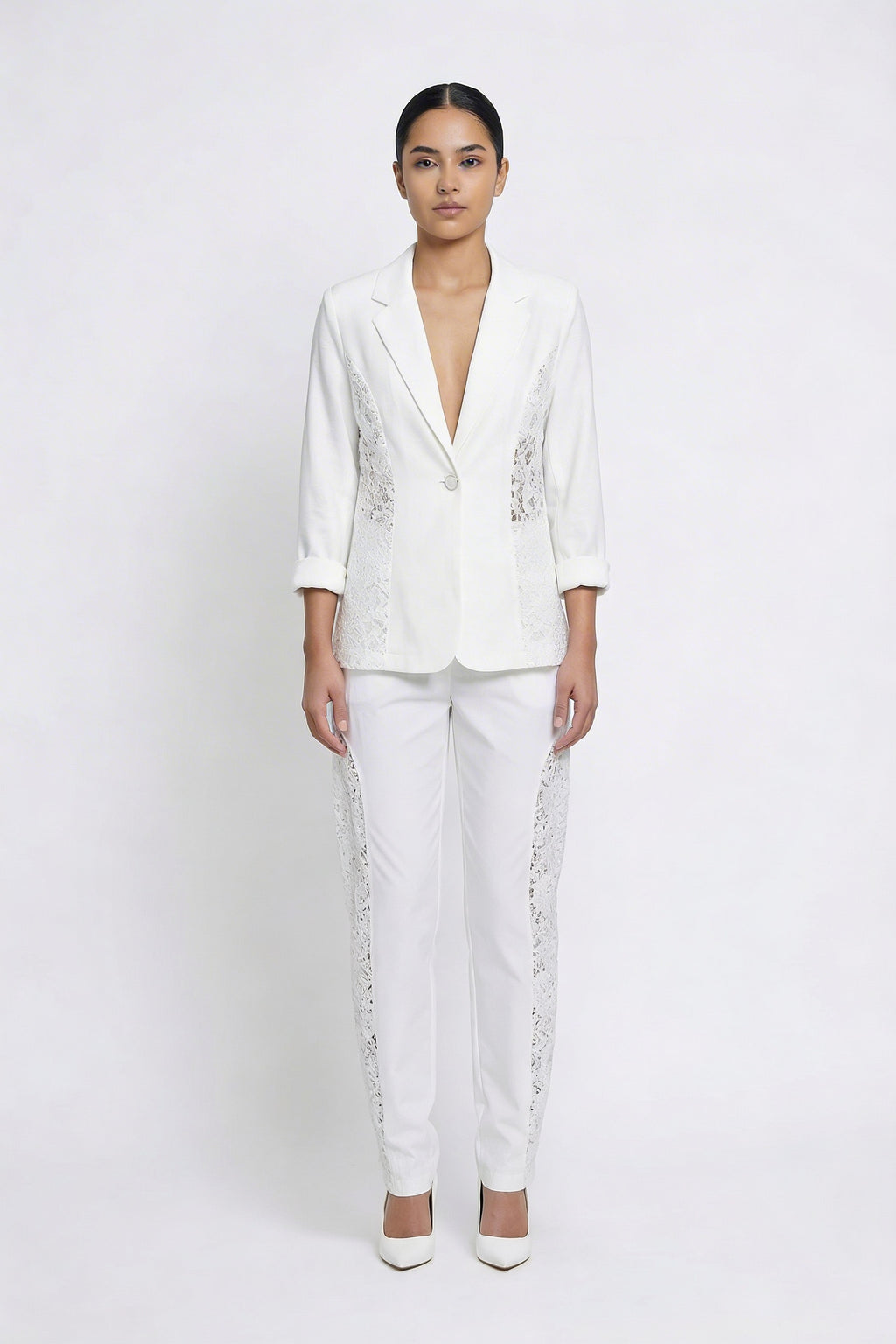 Lace Panel Single-Button Blazer Set