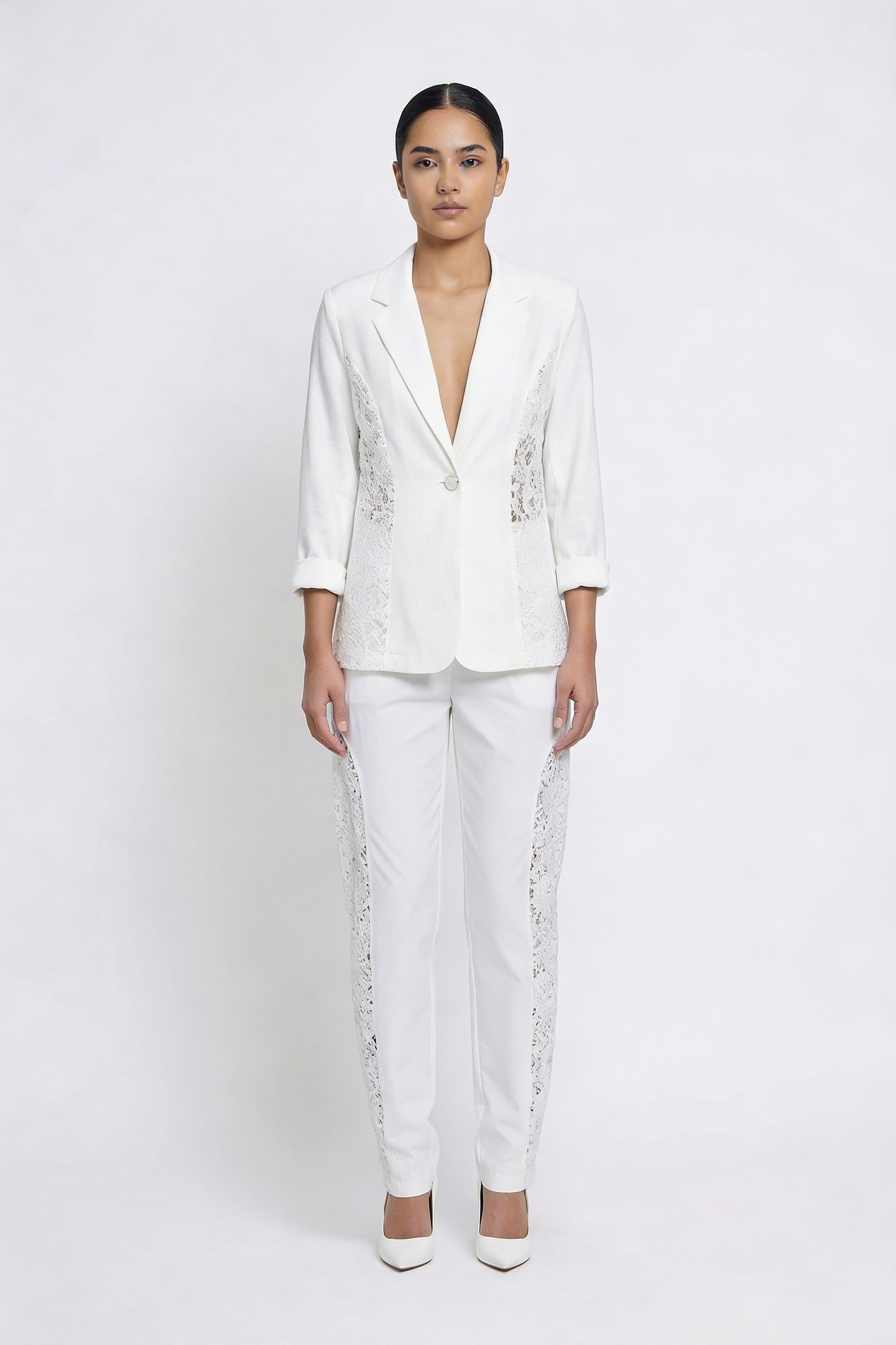Lace Panel Single-Button Blazer Set