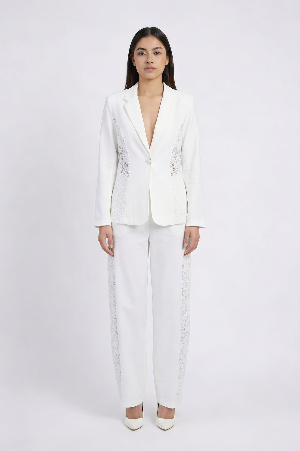 Lace Panel Single-Button Blazer Set