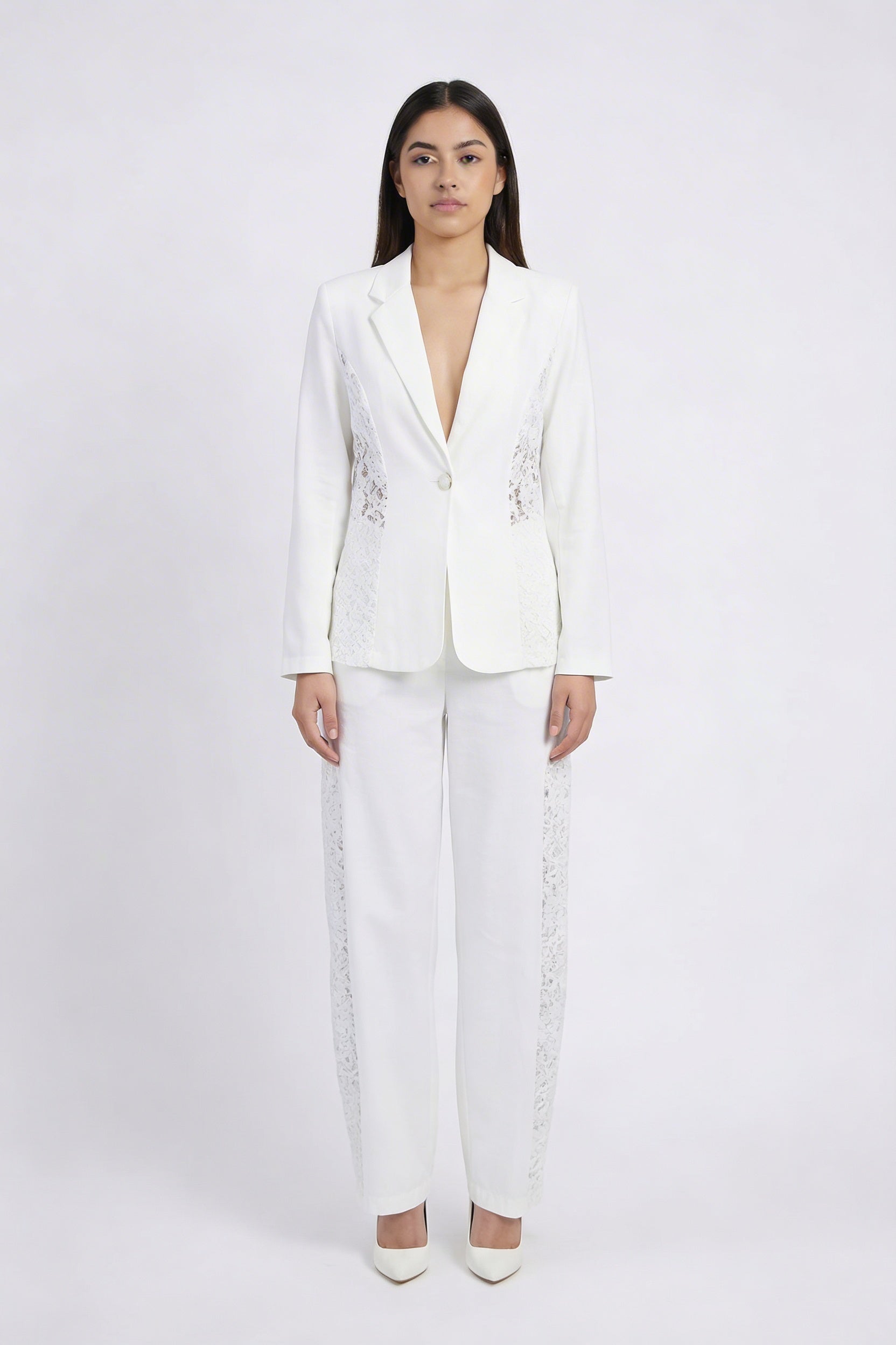 Lace Panel Single-Button Blazer Set