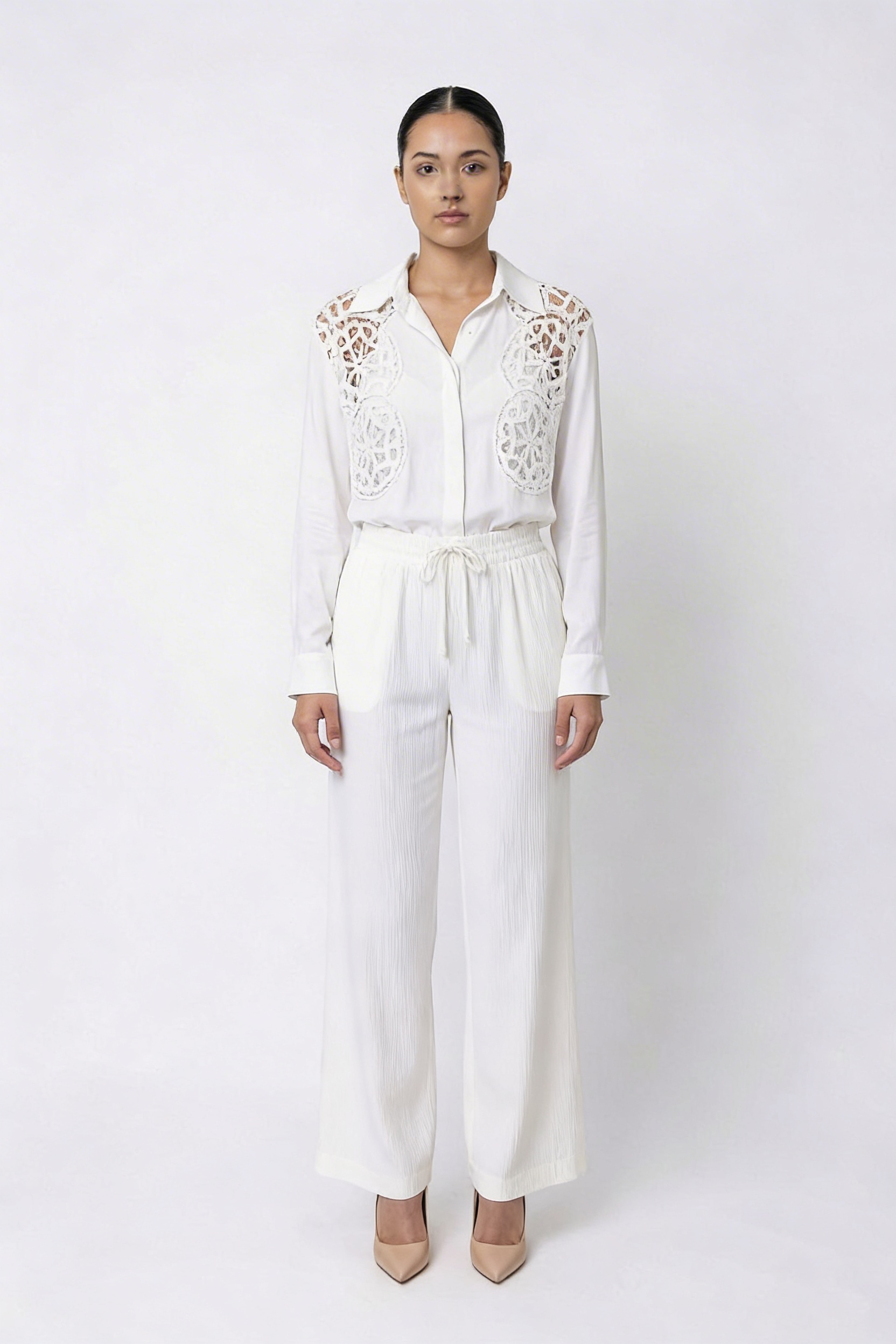 Crochet Lace Insert Cotton Shirt & Pant Set