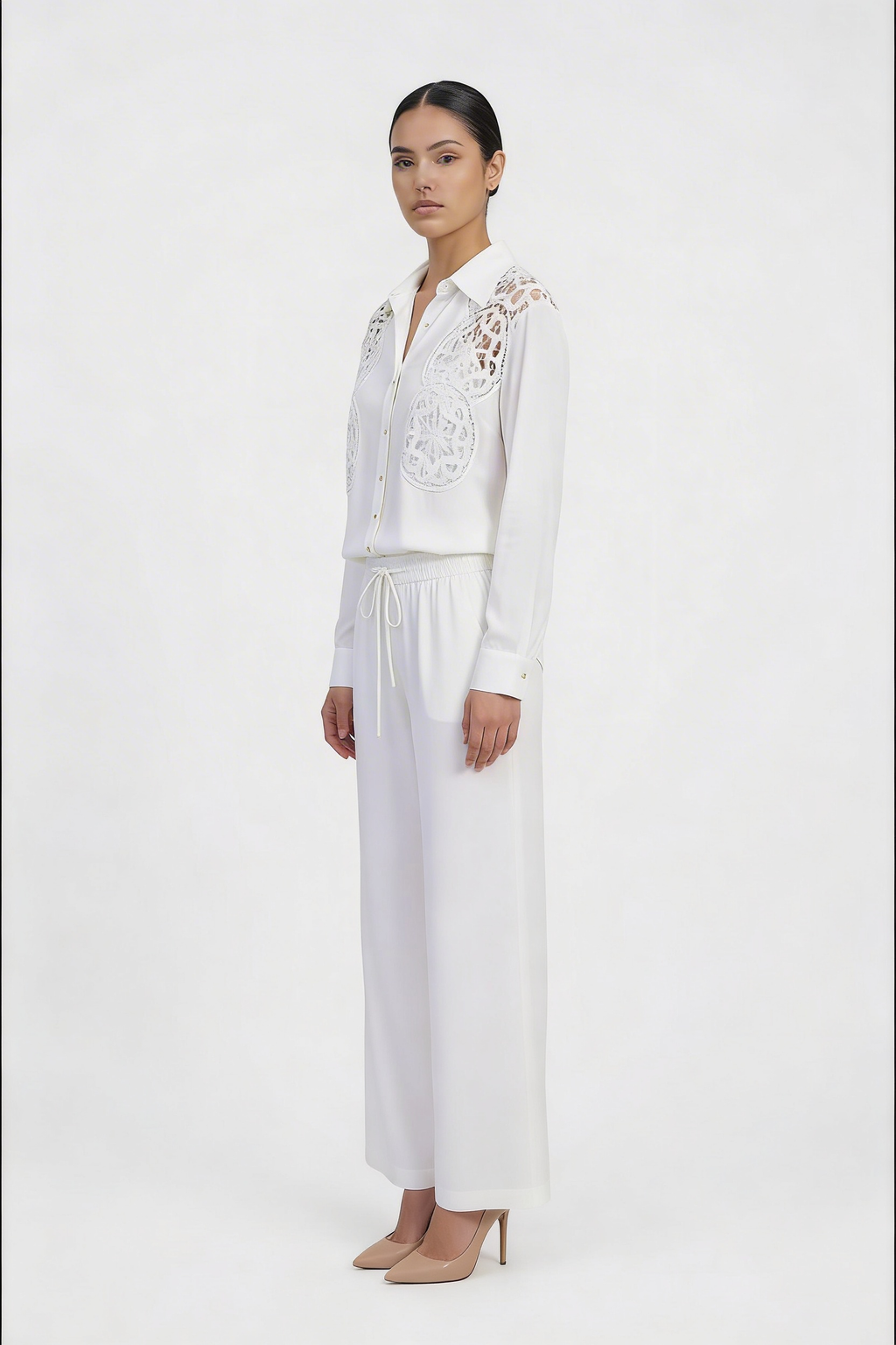 Crochet Lace Insert Cotton Shirt & Pant Set