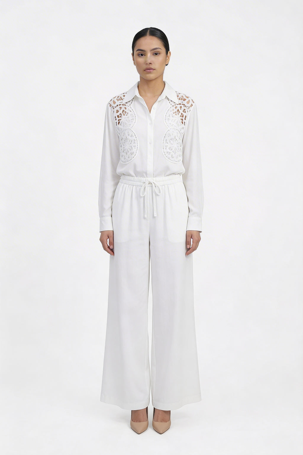 Crochet Lace Insert Cotton Shirt & Pant Set