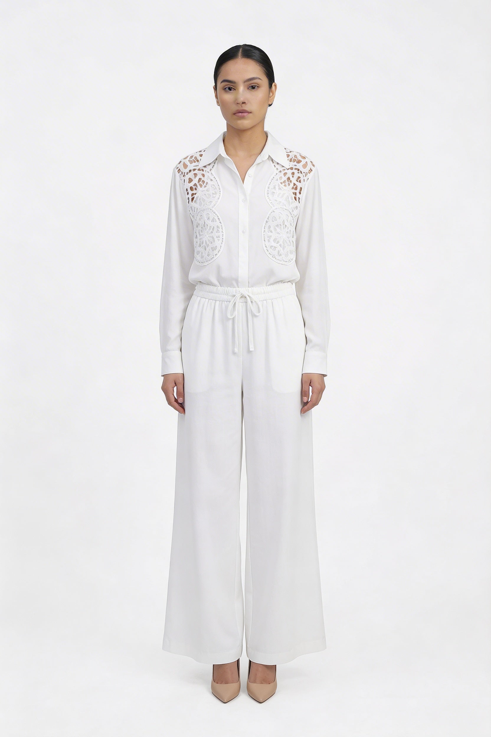 Crochet Lace Insert Cotton Shirt & Pant Set