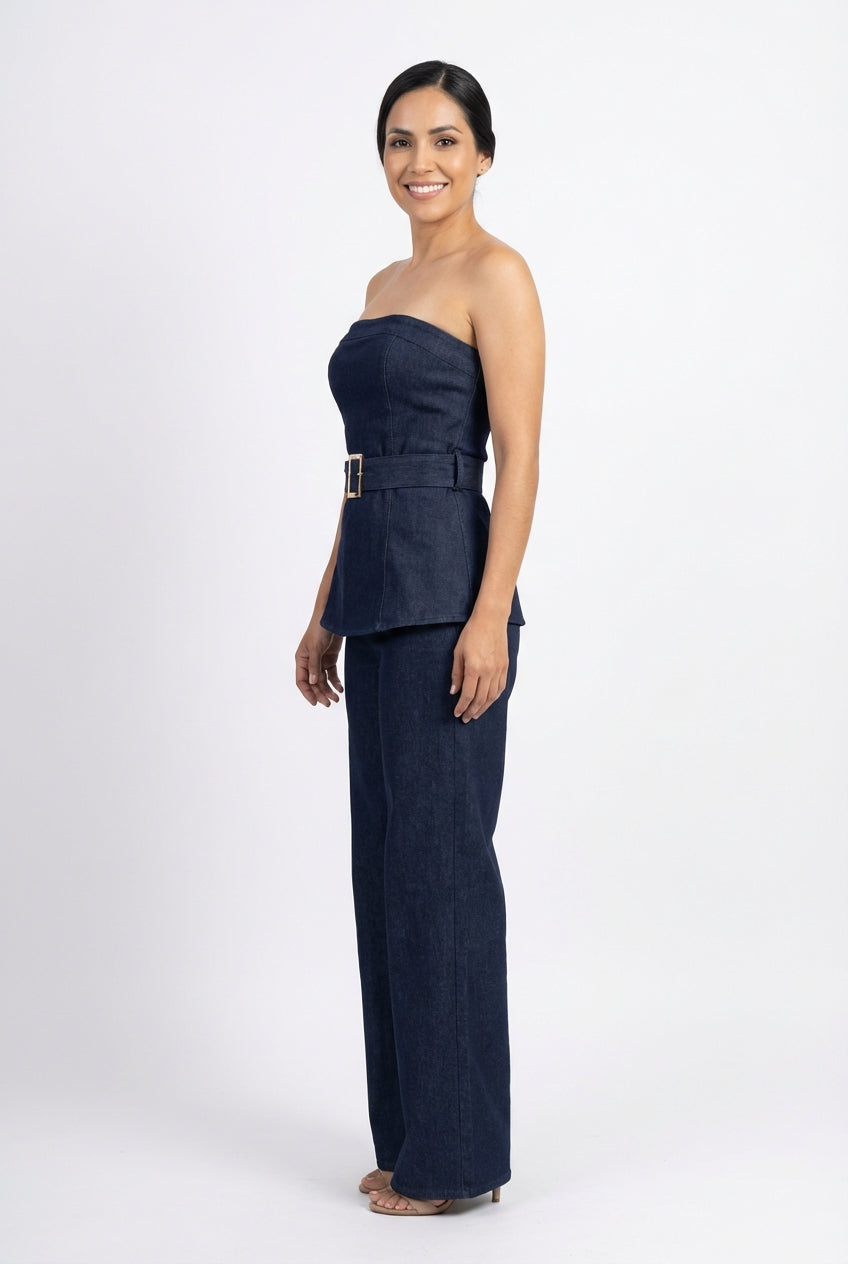 Strapless Belted Denim Peplum Set