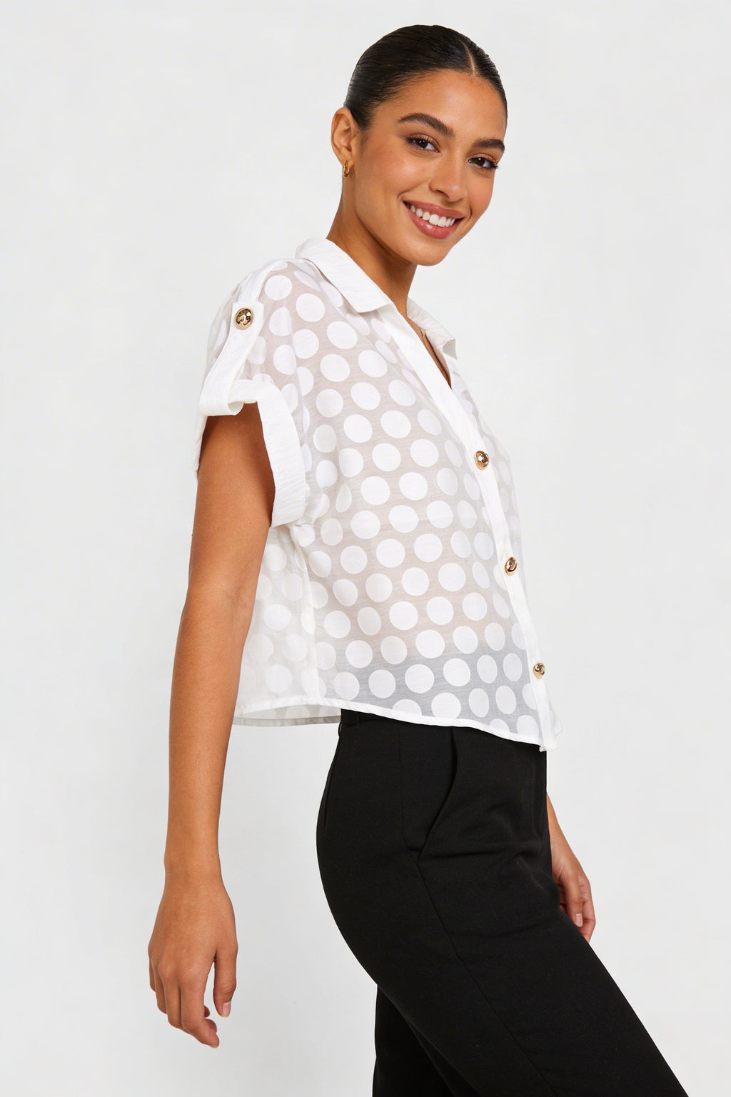 Sheer Polka Dot Button-Down Blouse
