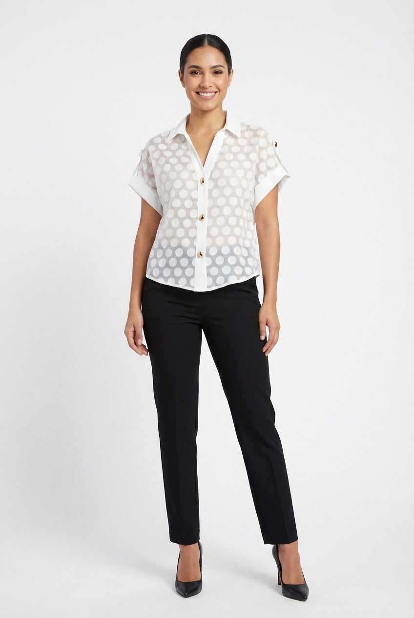 Sheer Polka Dot Button-Down Blouse