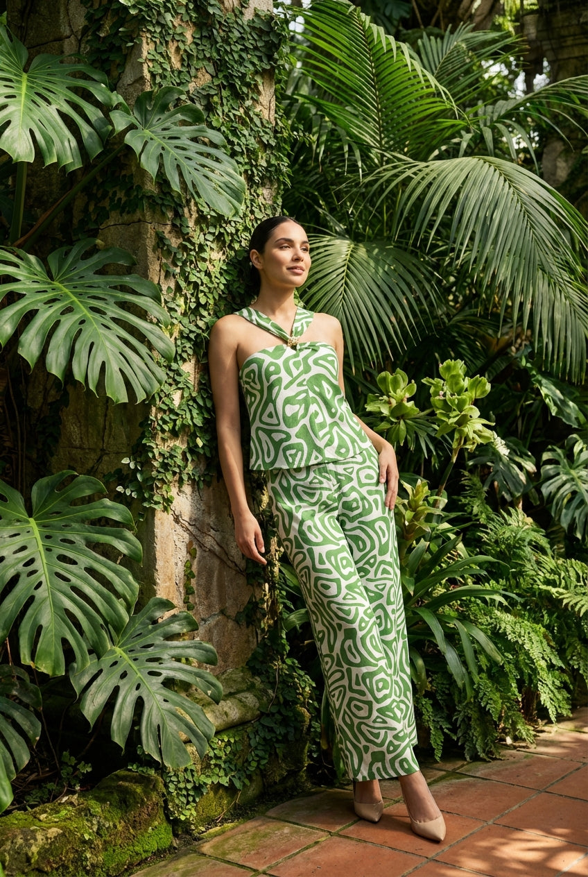 Abstract Geometric Halter & Wide-Leg Pant Set