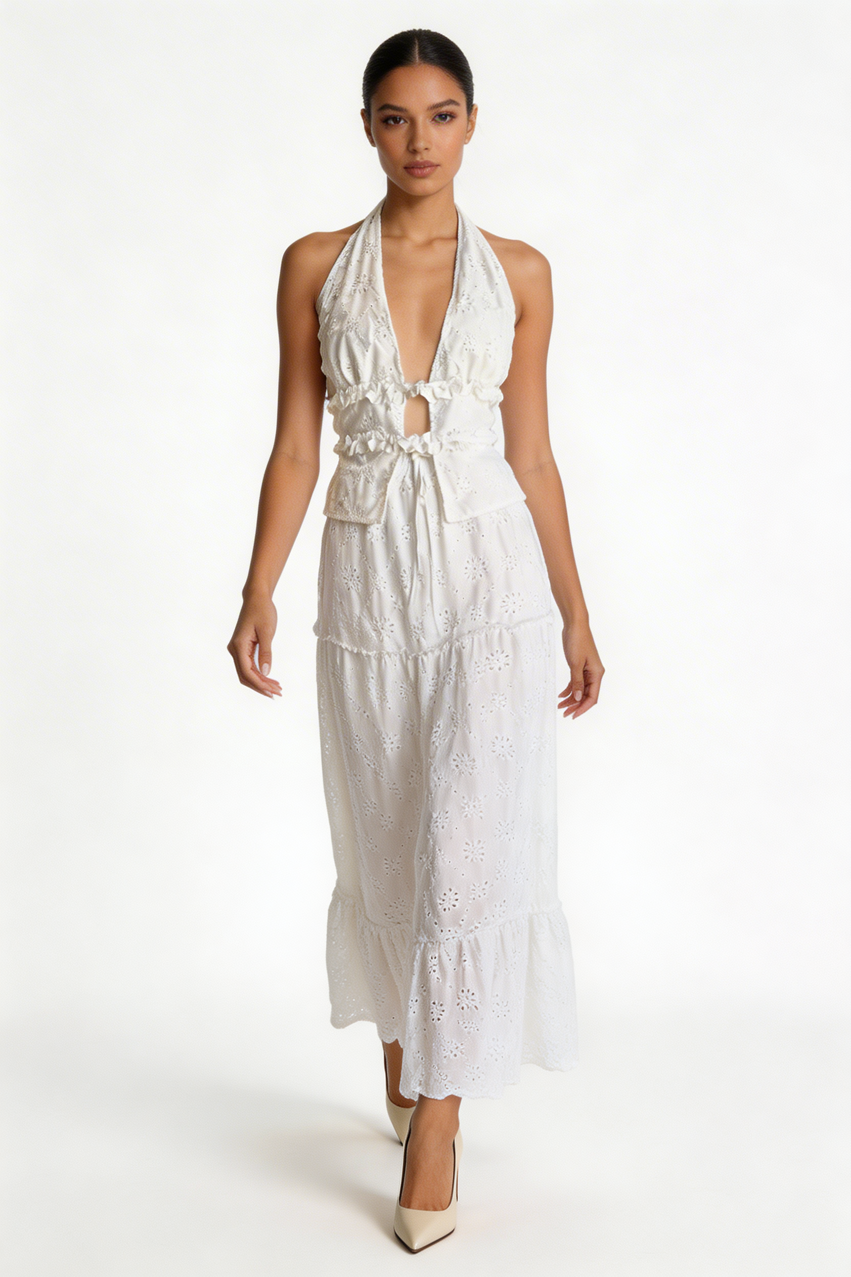 Eyelet Halter Top & Tiered Skirt Set