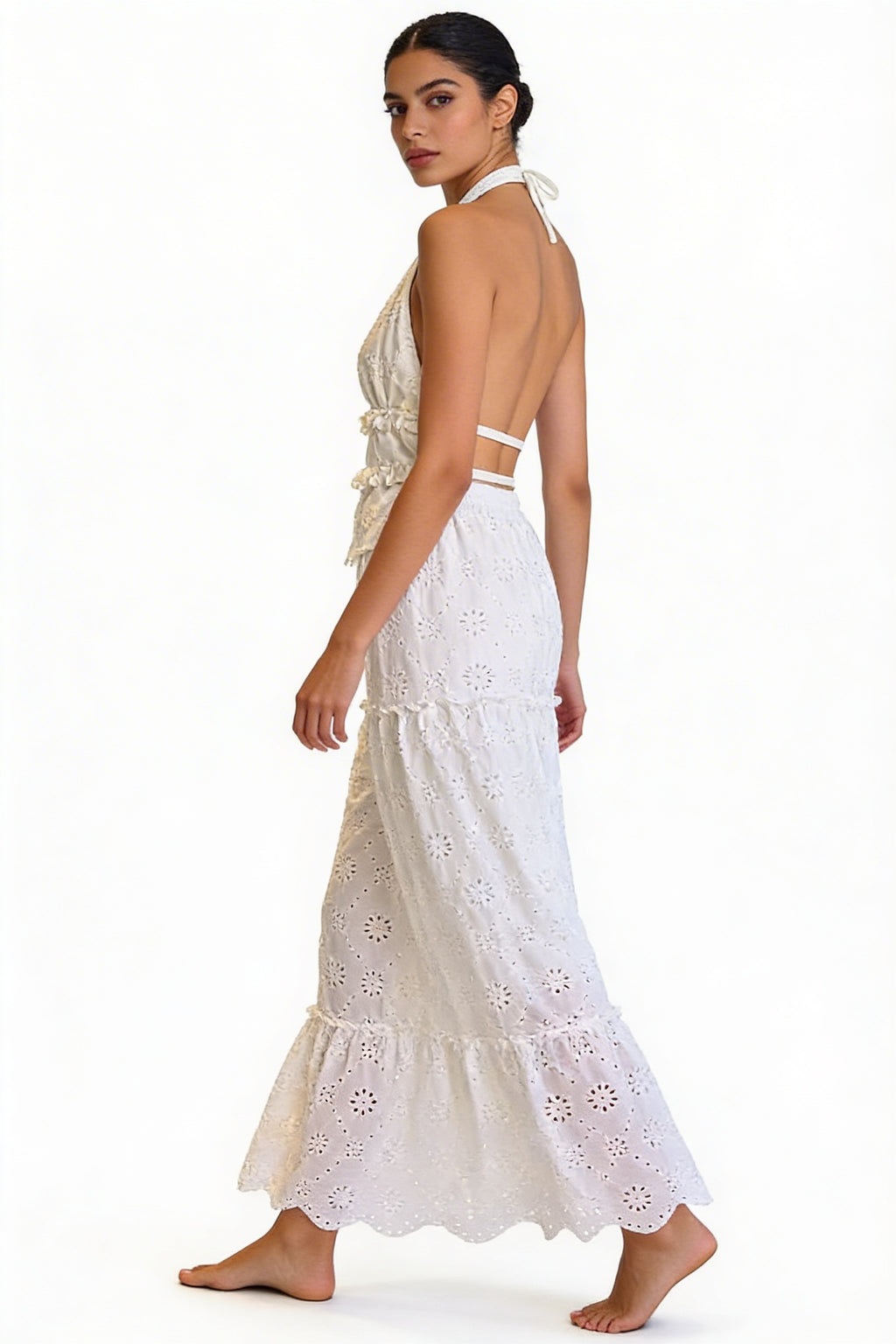 Eyelet Halter Top & Tiered Skirt Set