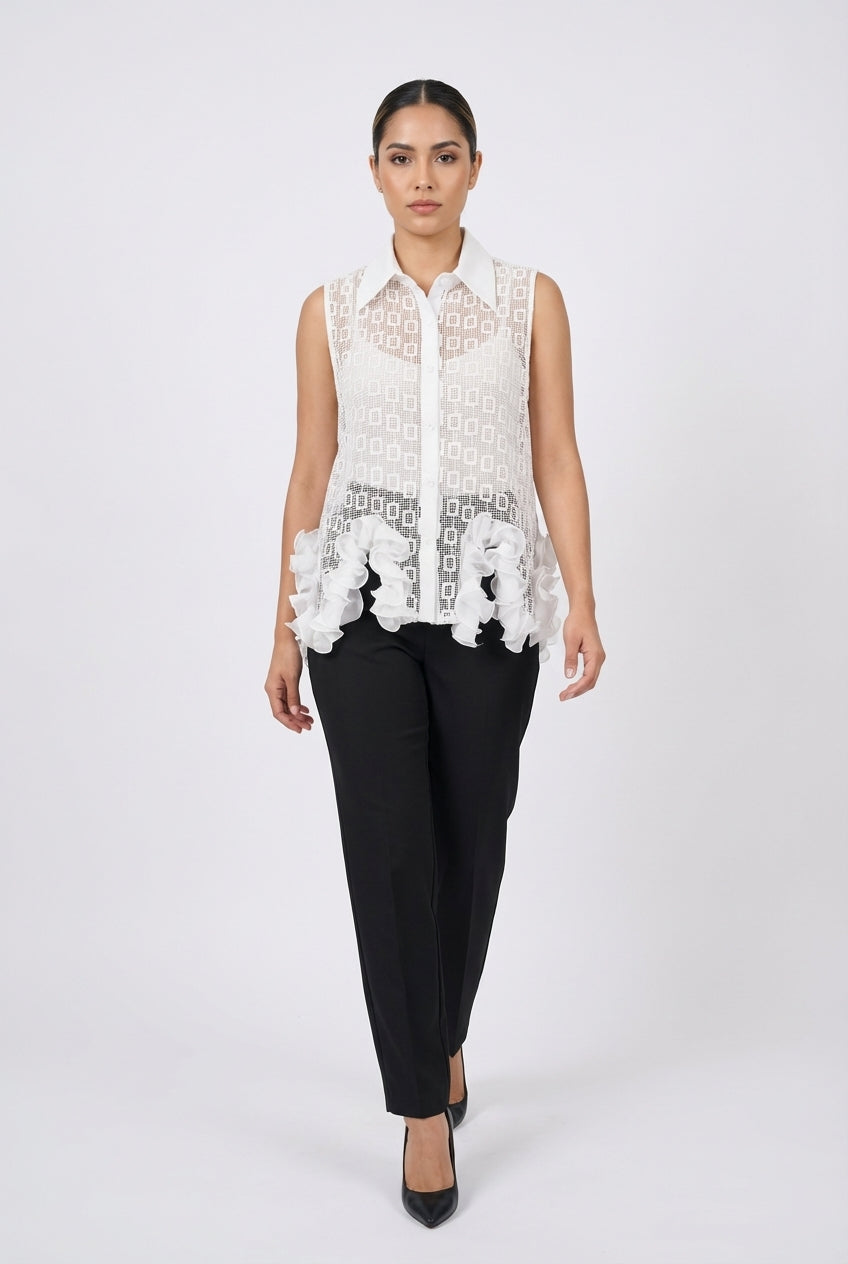 Sheer Geometric Ruffle-Hem Sleeveless Blouse