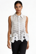 Sheer Geometric Ruffle-Hem Sleeveless Blouse
