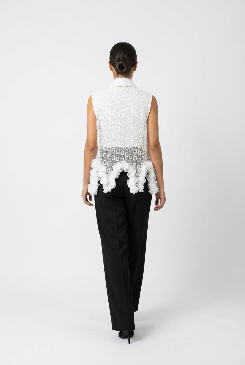 Sheer Geometric Ruffle-Hem Sleeveless Blouse