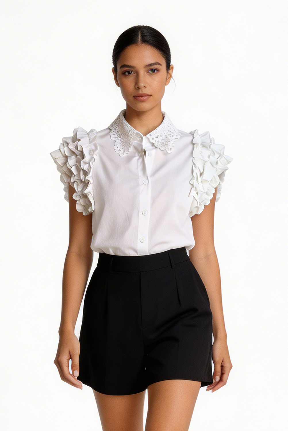 Embroidered Lace-Collar Ruffle Blouse