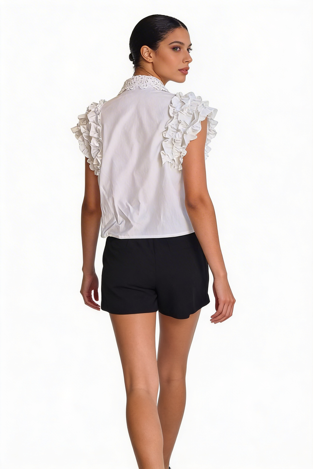Embroidered Lace-Collar Ruffle Blouse