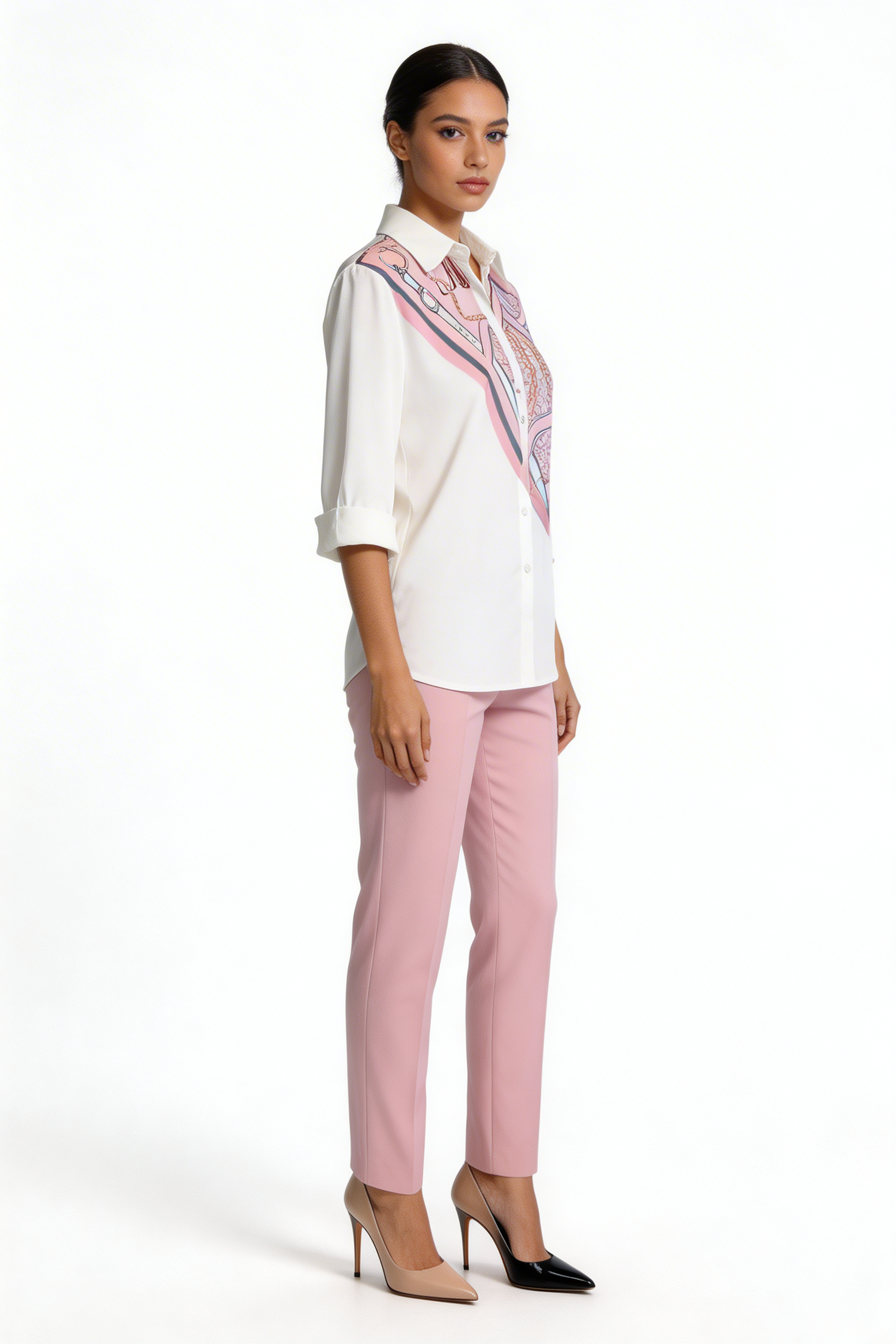 Mixed Print Scarf Panel Blouse