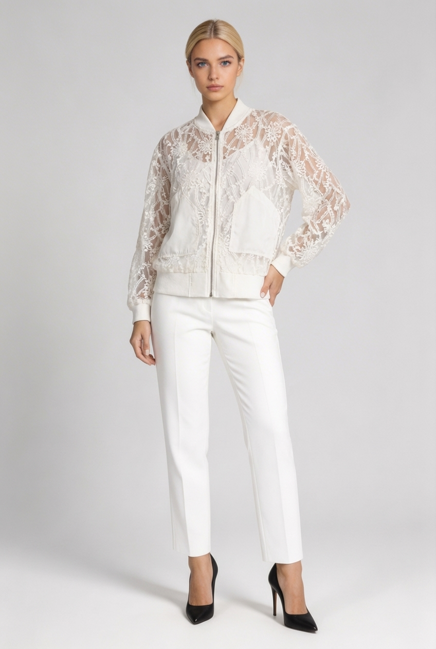 Sheer Floral Lace Bomber Jacket