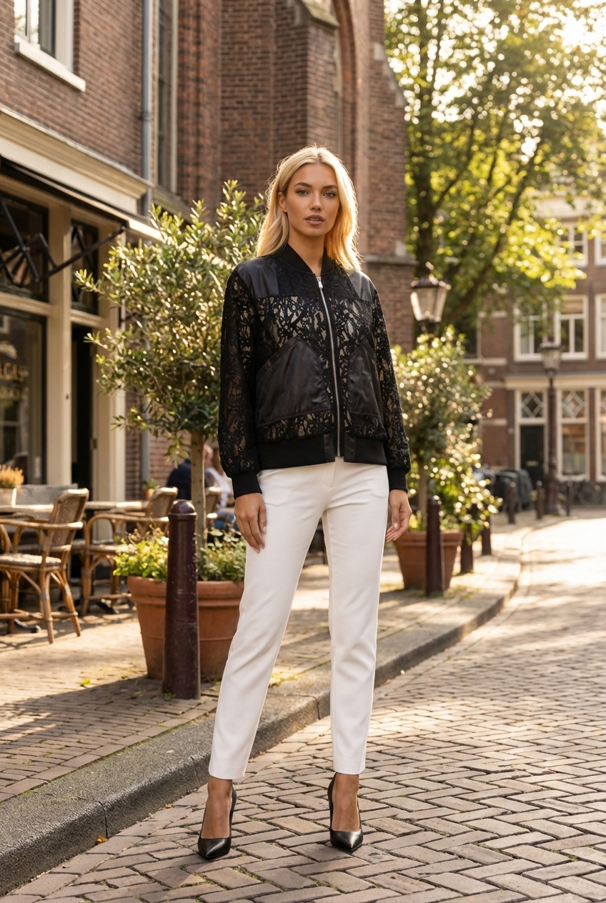 Sheer Floral Lace Bomber Jacket