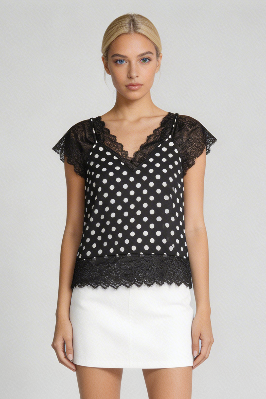 Polka Dot Lace-Trim Sleeveless Top