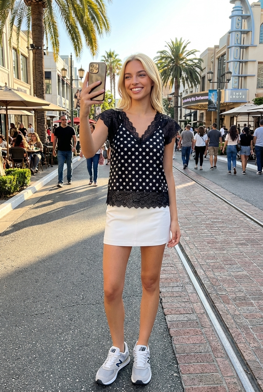 Polka Dot Lace-Trim Sleeveless Top