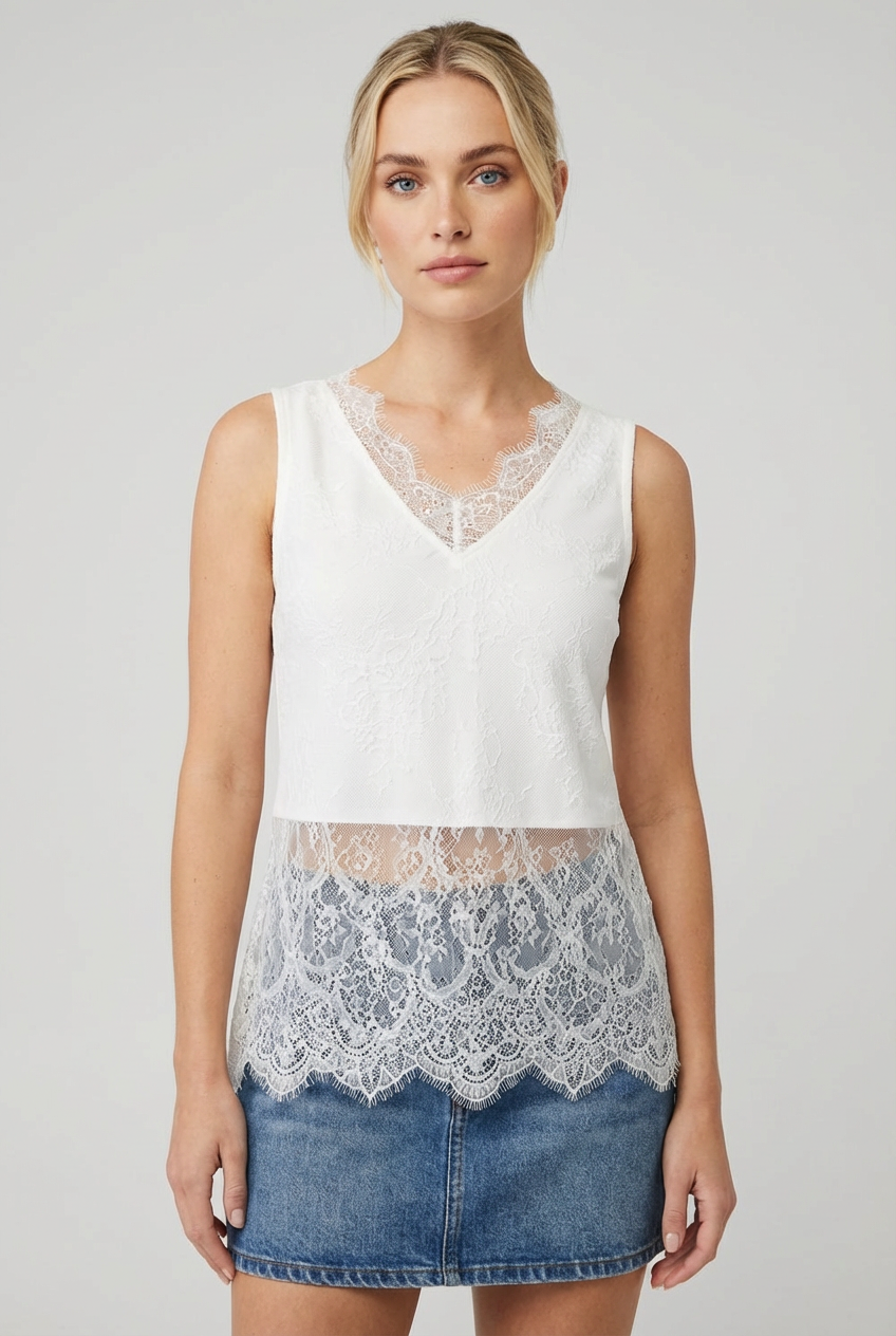 Romantic Lace-Hem Sleeveless Top