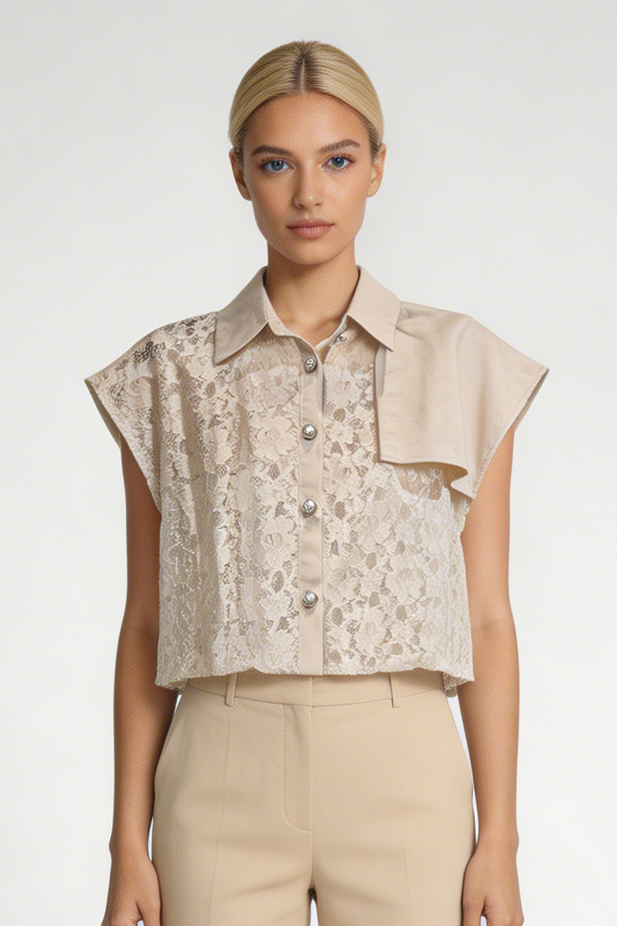 Lace Overlay Boxy Sleeveless Blouse