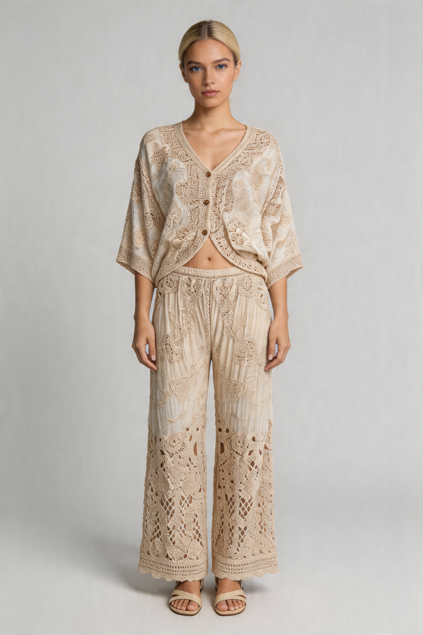 Bohemian Floral Crochet Trouser Set