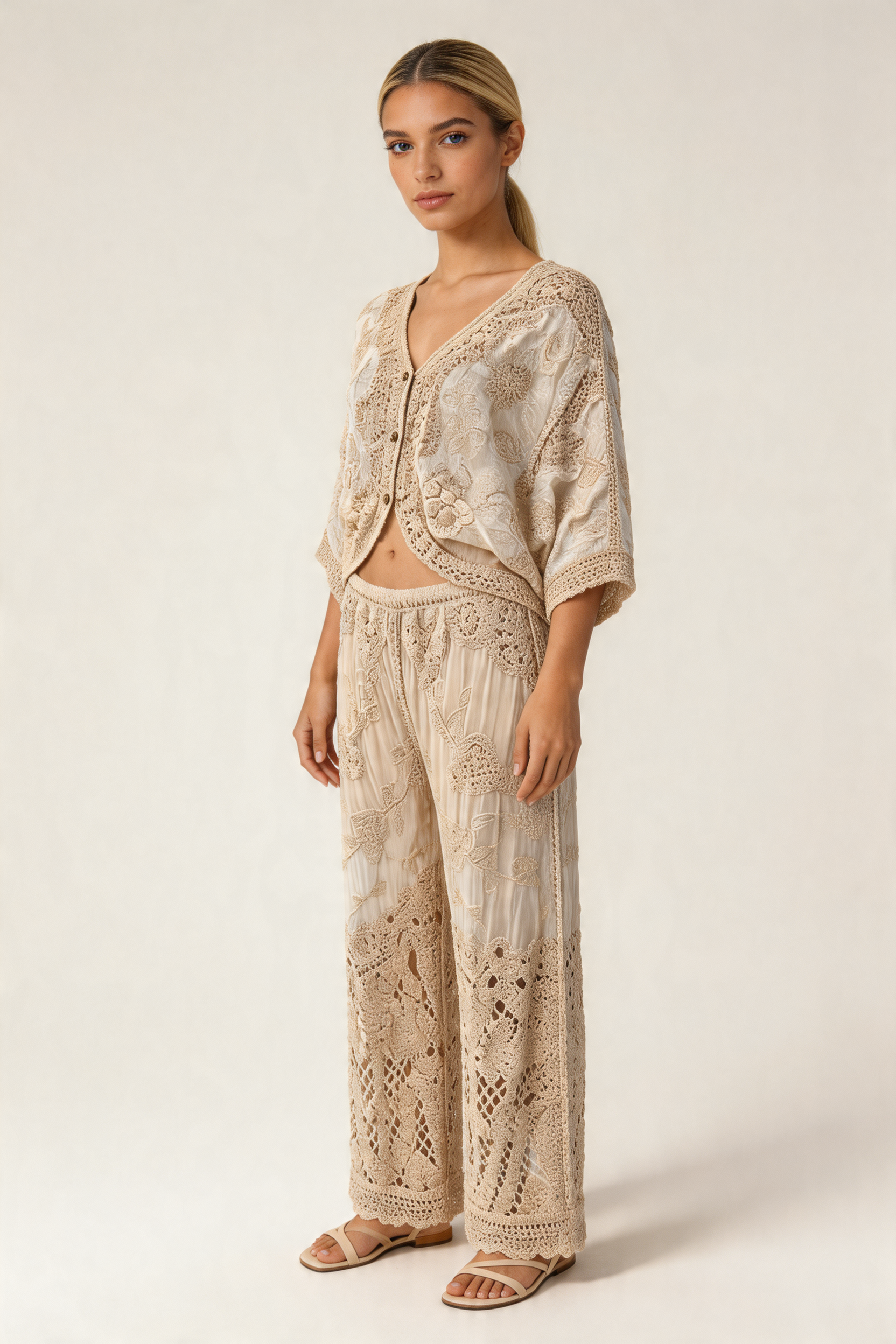 Bohemian Floral Crochet Trouser Set