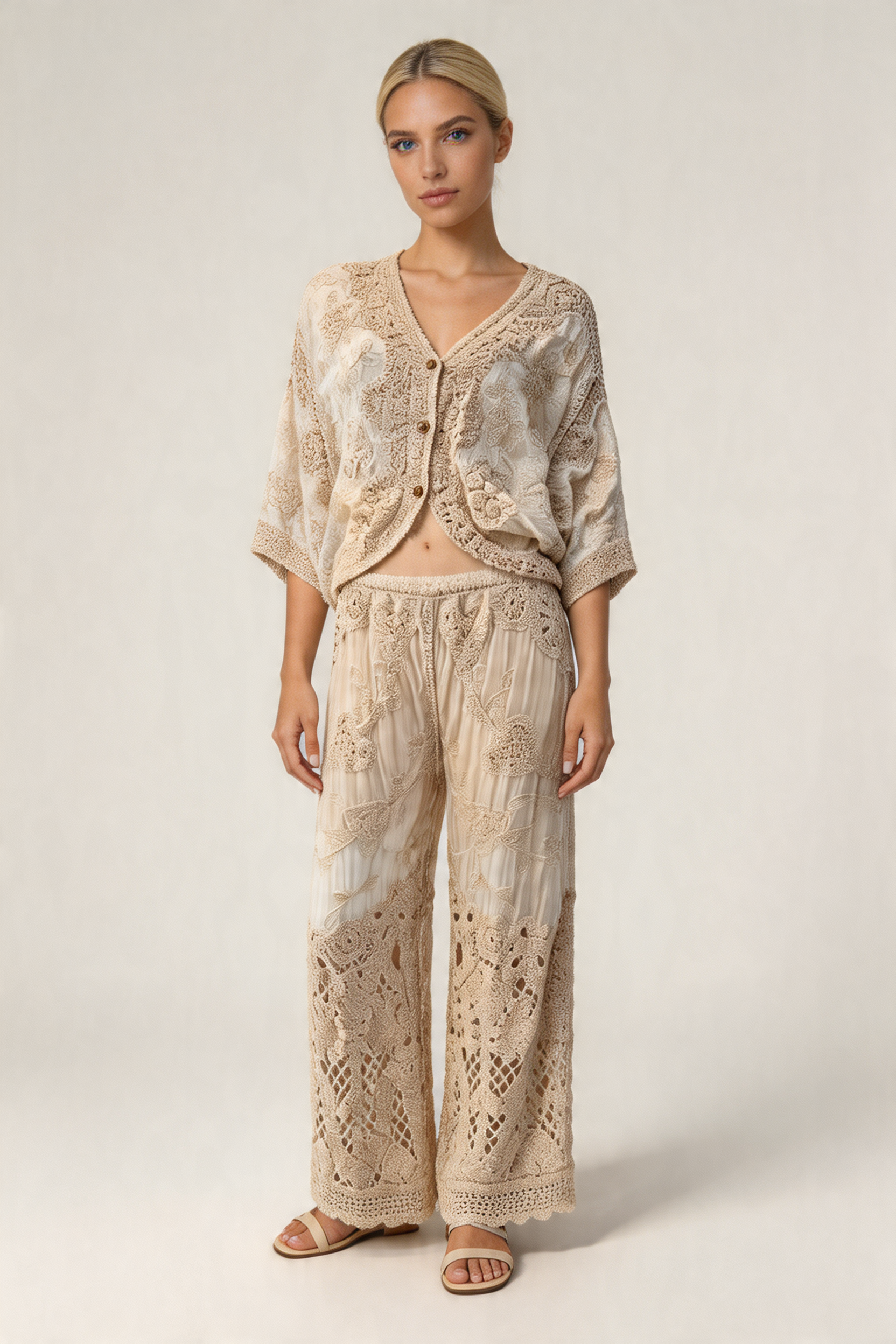 Bohemian Floral Crochet Trouser Set