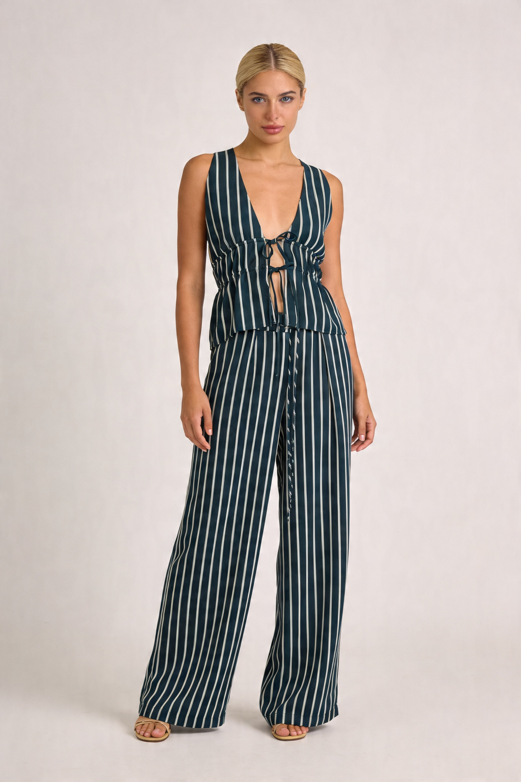 Pinstripe Plunge Tie-Front Set