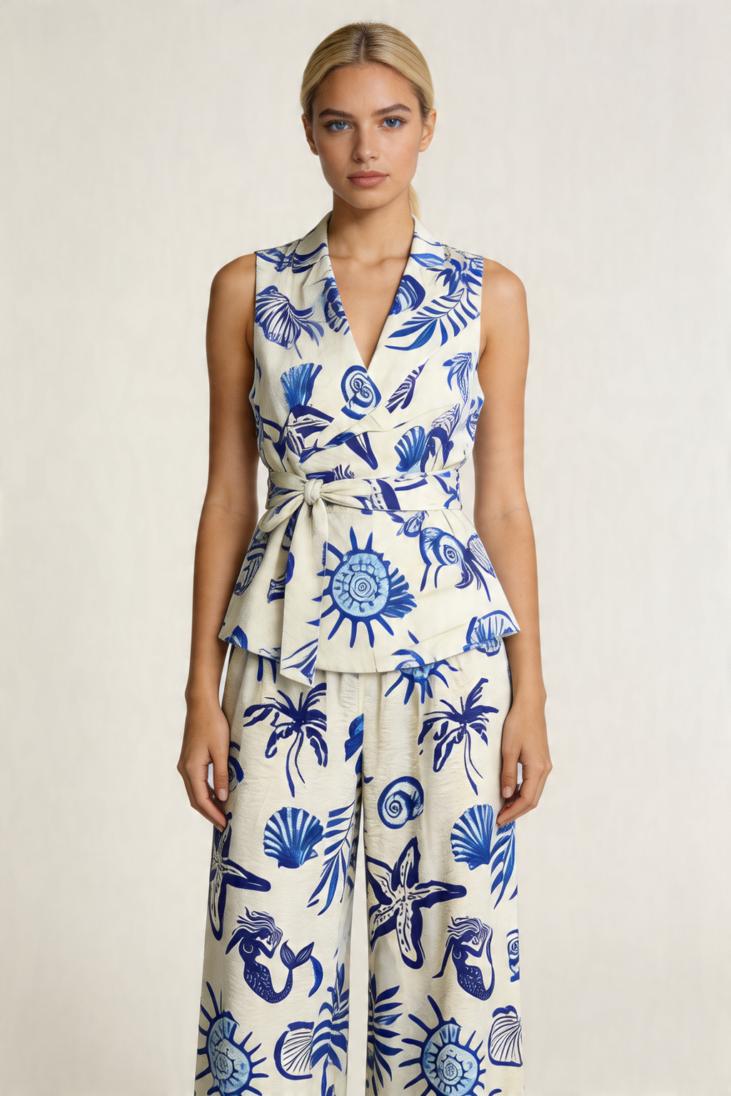 Coastal Motif Belted Vest Set
